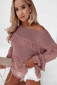 Moonlit Mauve Boatneck Fringe Sweater