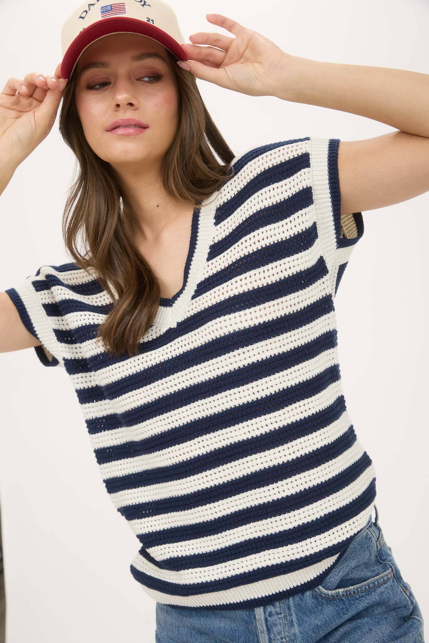 Navy Stripe Crochet Knit Short Sleeve Sweater
