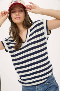 Navy Stripe Crochet Knit Short Sleeve Sweater