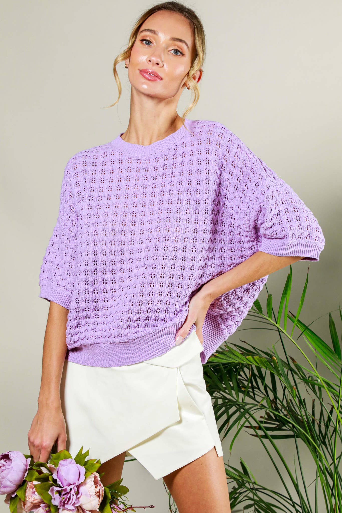Crew Neck Crochet Textured Knitted Sweater