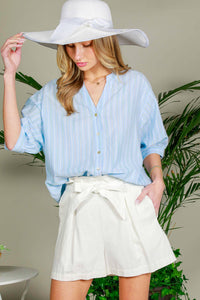 V-Neck Stripe Cotton Blouse in Blue