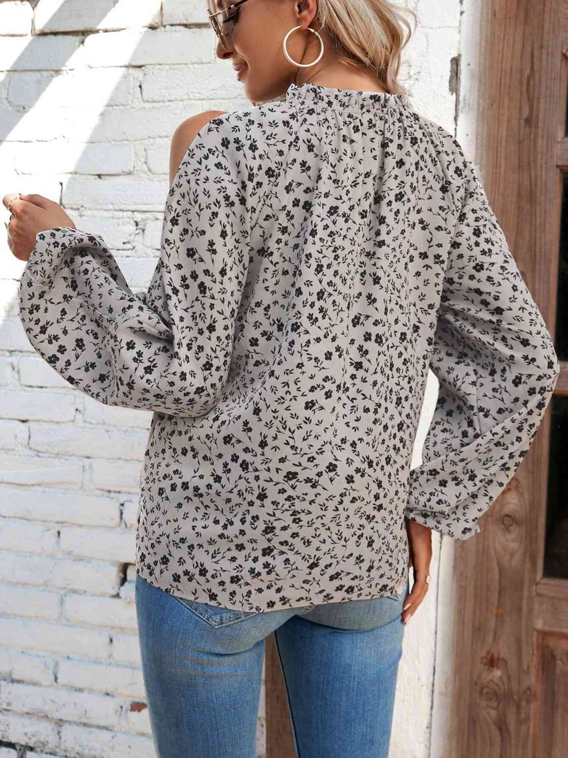Light Grey Floral Cold-Shoulder Blouse