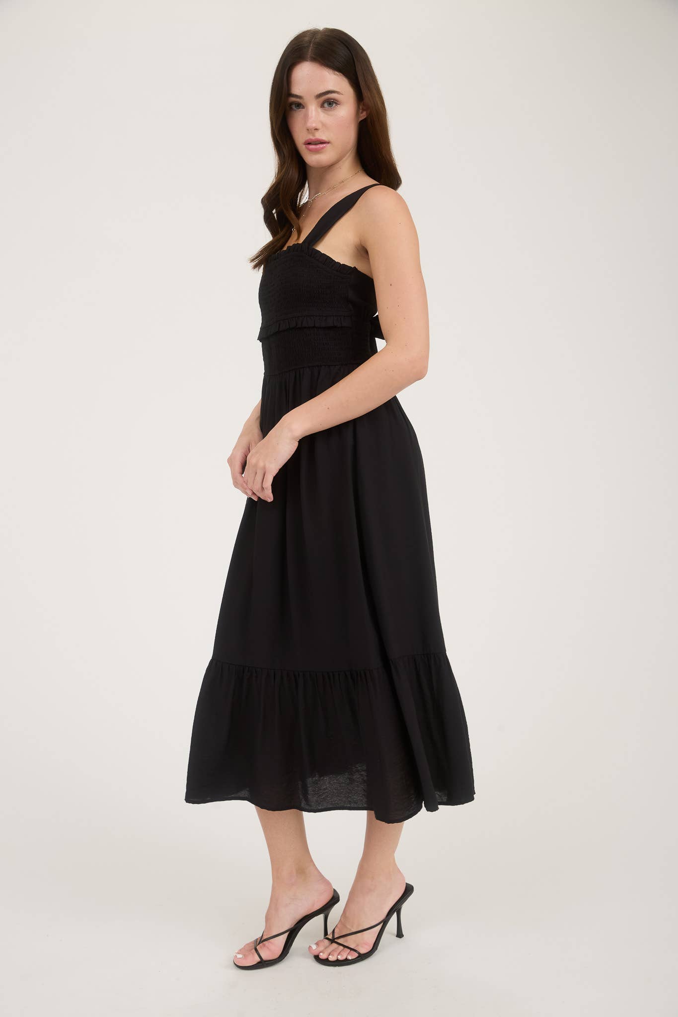 Black Smocked Ruffle Sleeveless Midi Dress
