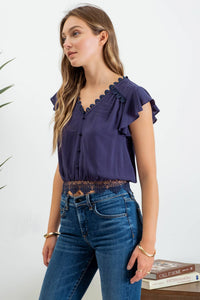 Scallop Lace Trim Crop Top in Navy