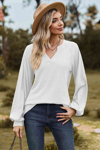 White Notched Raglan Sleeve Blouse