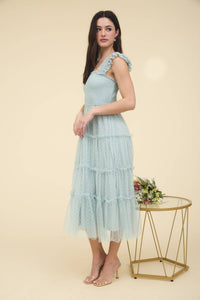 Polka Dot Chiffon Smocked Tiered Midi Dress in Sage