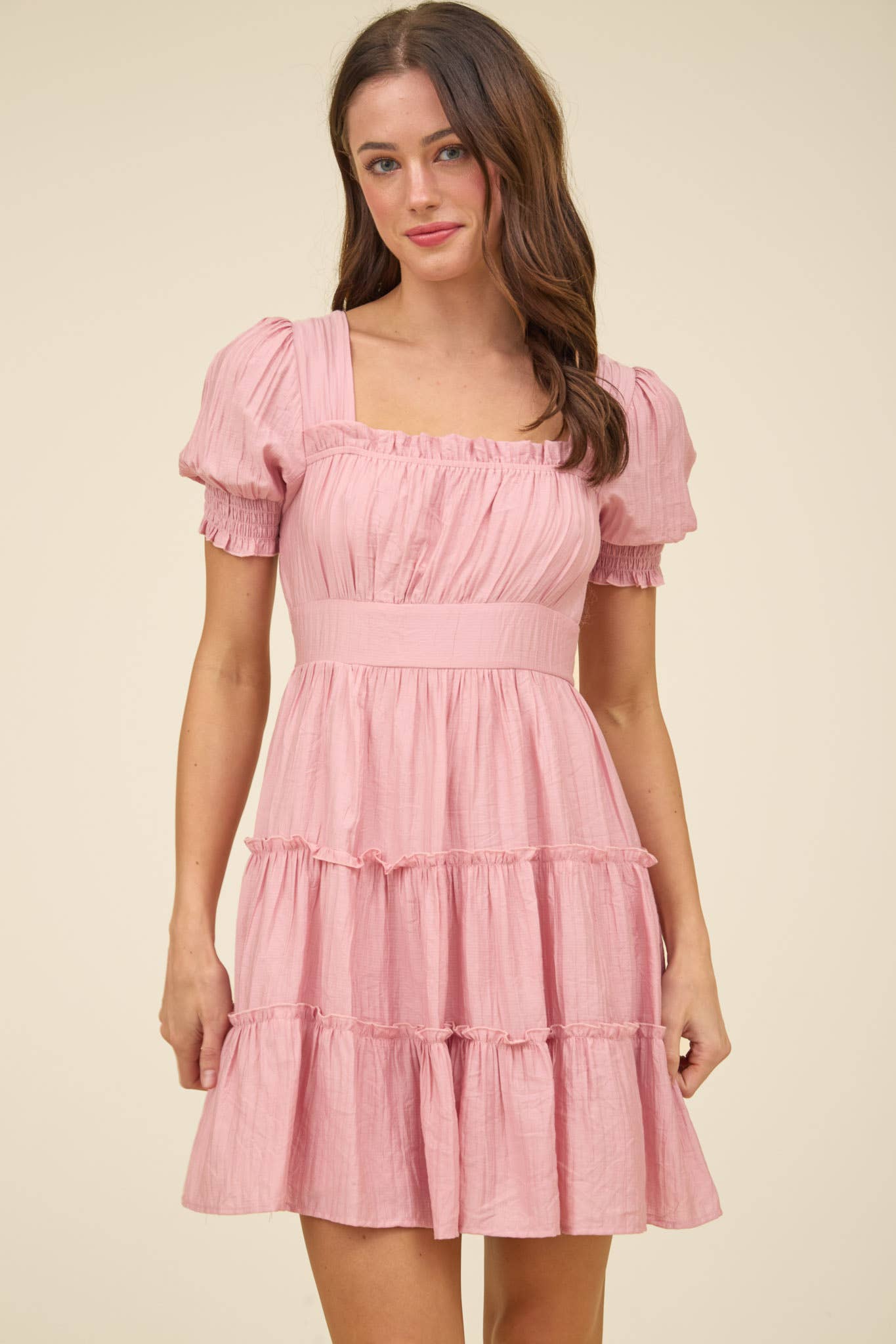 Pink Square Neck Smocked Mini Dress