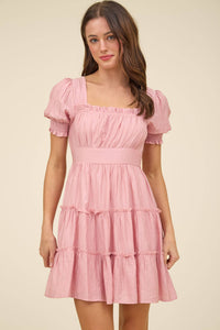 Pink Square Neck Smocked Mini Dress