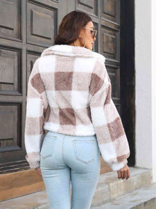 Plaid Dropped Shoulder Buttoned Jacket in Mocha