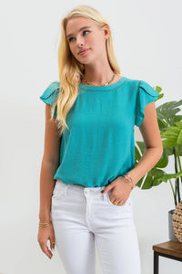 Tulip Sleeve Back Button Blouse in Emerald