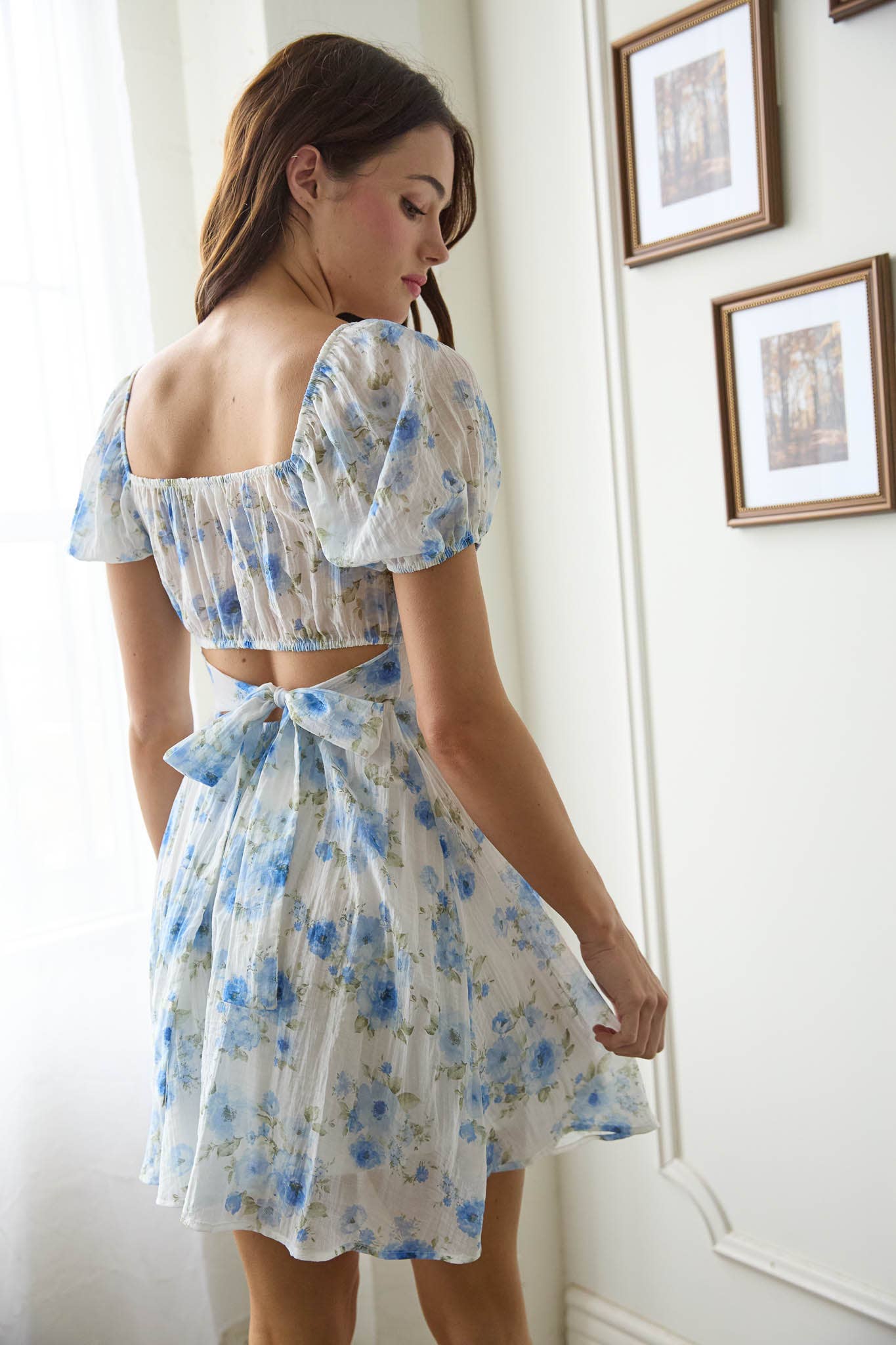 Blue Floral Corset Back Tie Mini Dress