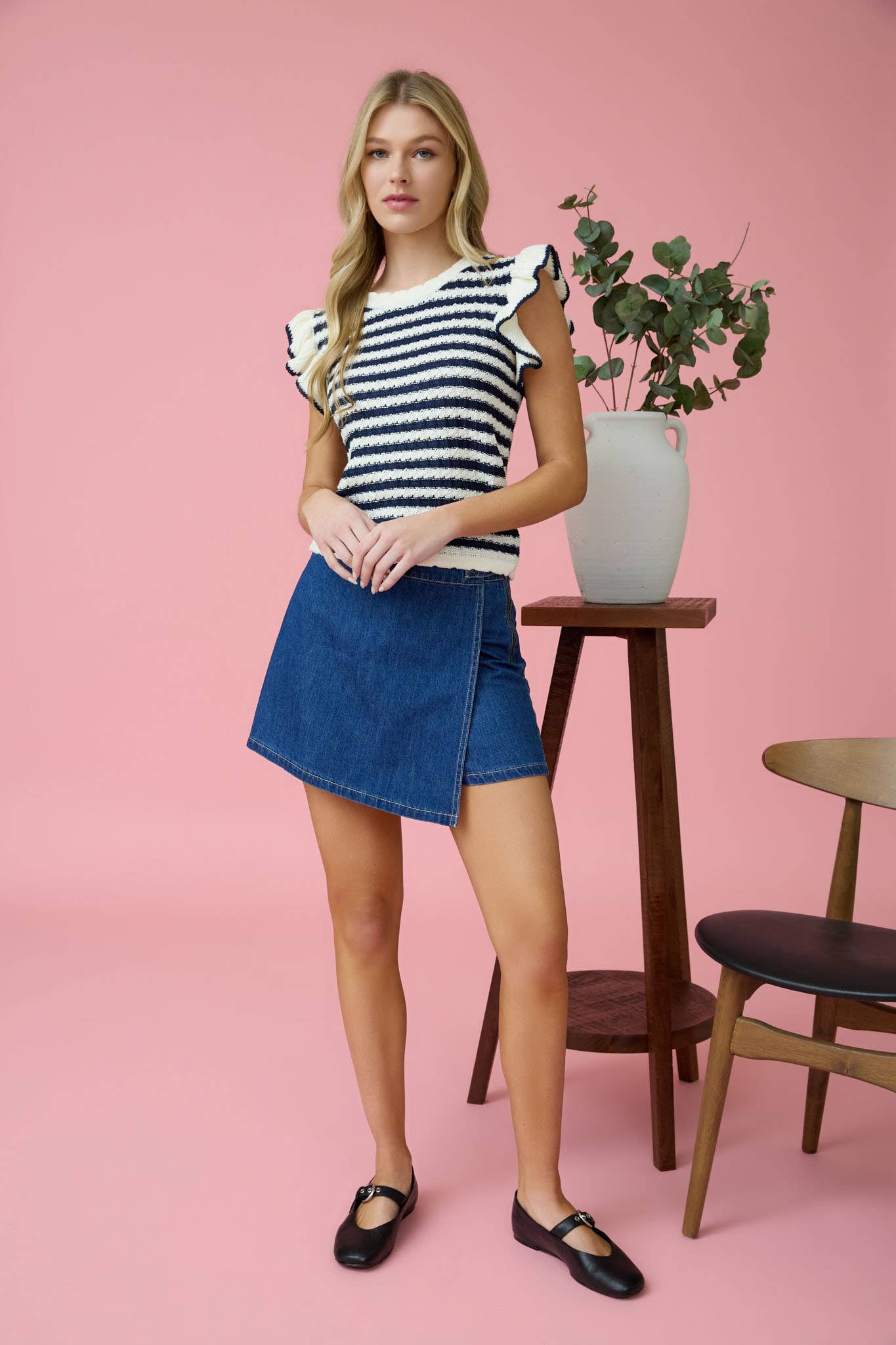Ruffle Short Sleeve Stripe Knit Top