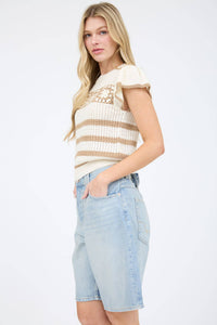 Khaki Stripe Short Sleeve Crochet Knit Top