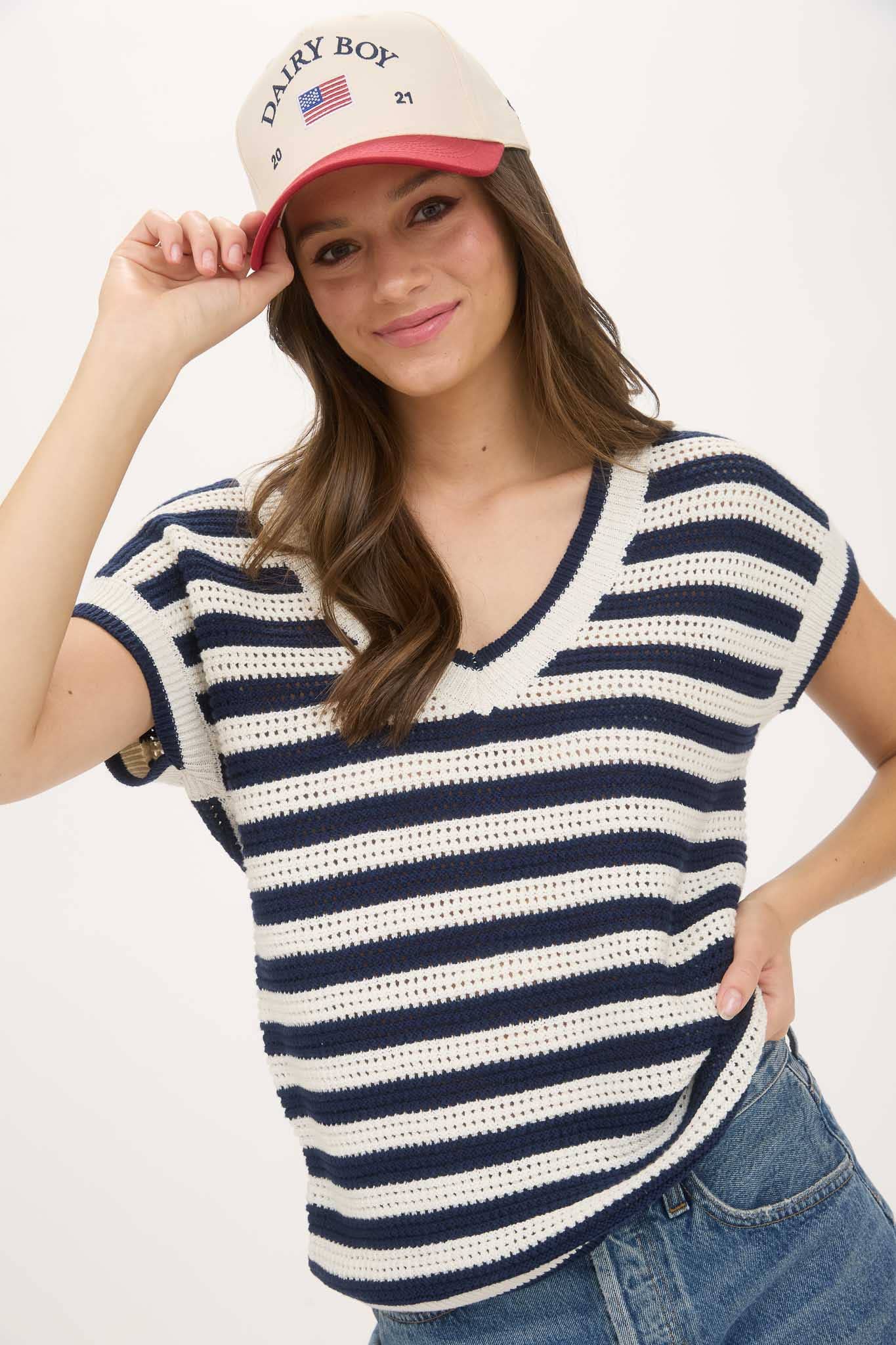 Navy Stripe Crochet Knit Short Sleeve Sweater