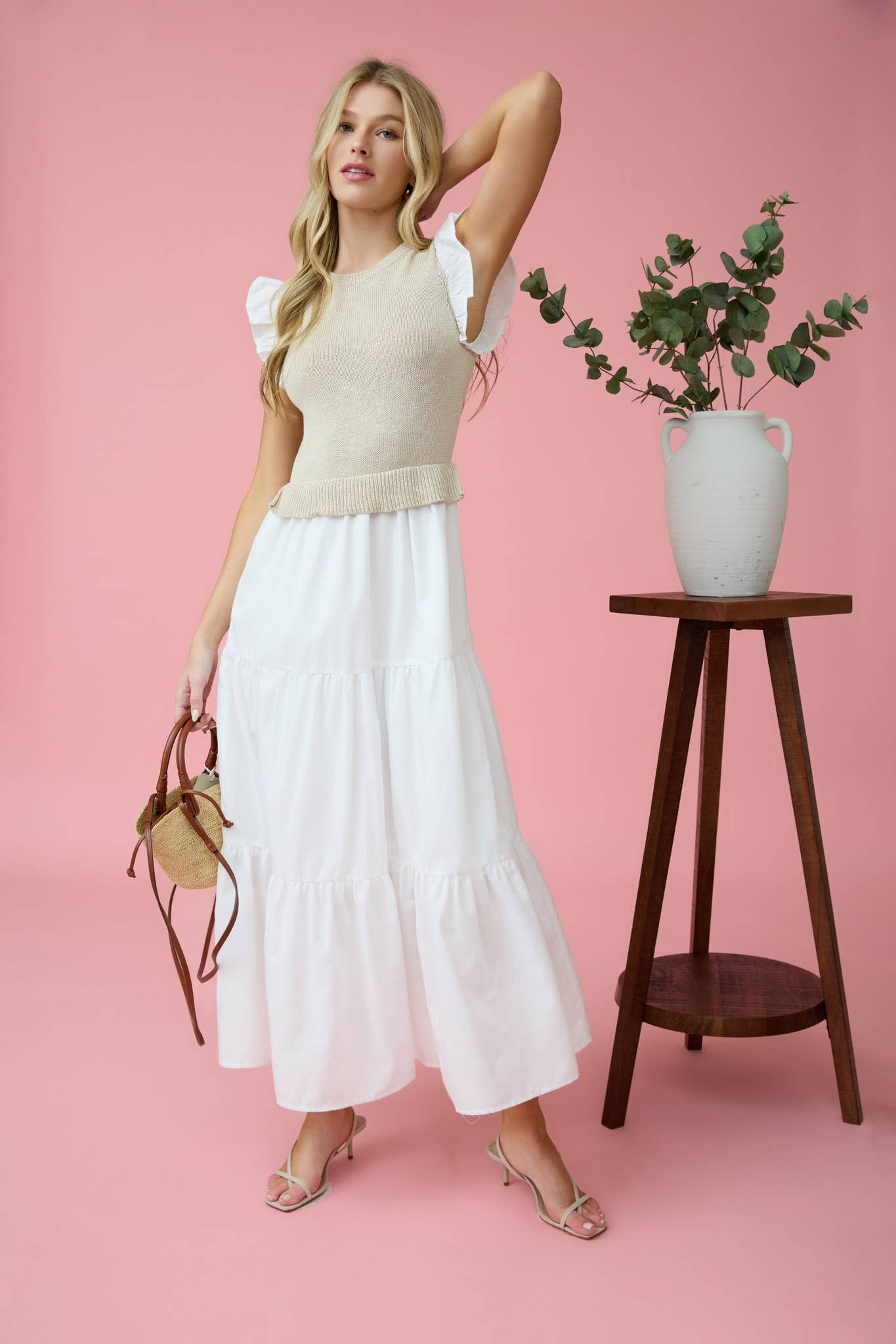 Light Taupe Sweater Vest Midi Dress