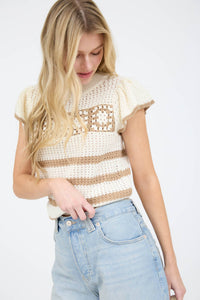 Khaki Stripe Short Sleeve Crochet Knit Top