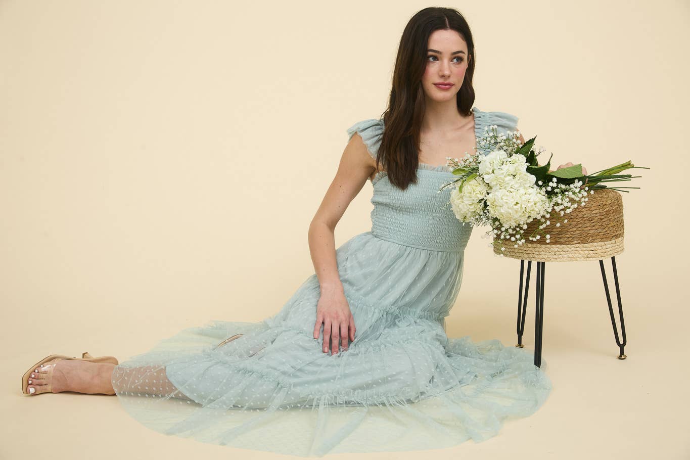Polka Dot Chiffon Smocked Tiered Midi Dress in Sage
