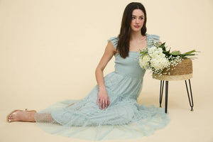 Polka Dot Chiffon Smocked Tiered Midi Dress in Sage