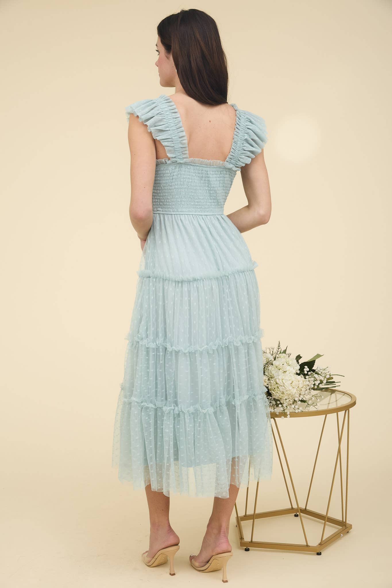 Polka Dot Chiffon Smocked Tiered Midi Dress in Sage