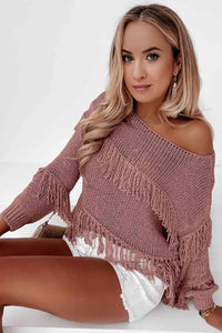 Moonlit Mauve Boatneck Fringe Sweater