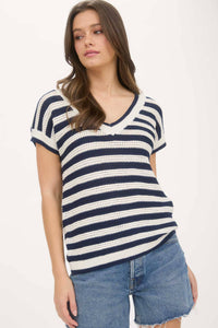 Navy Stripe Crochet Knit Short Sleeve Sweater