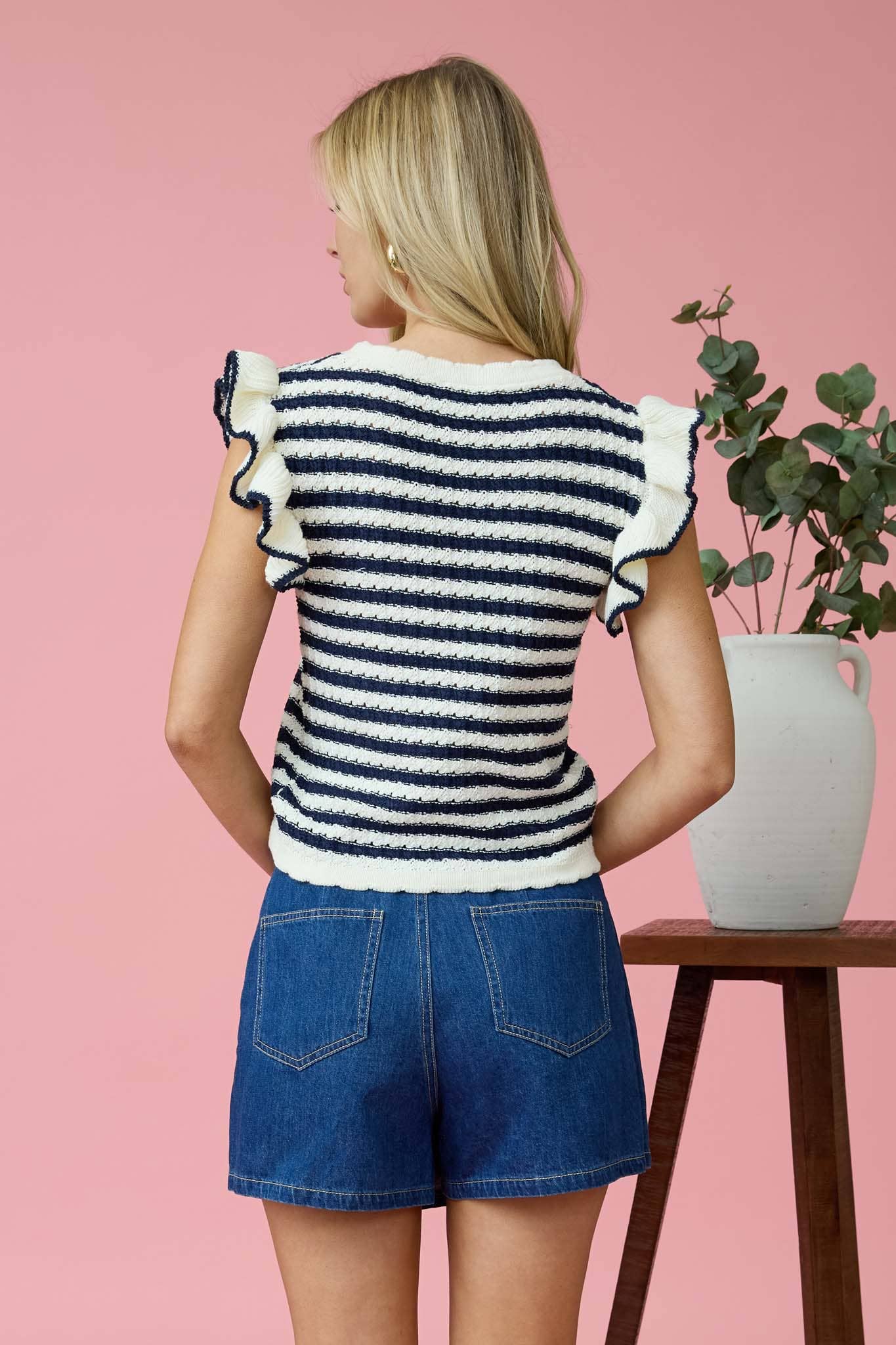 Ruffle Short Sleeve Stripe Knit Top