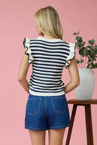 Ruffle Short Sleeve Stripe Knit Top