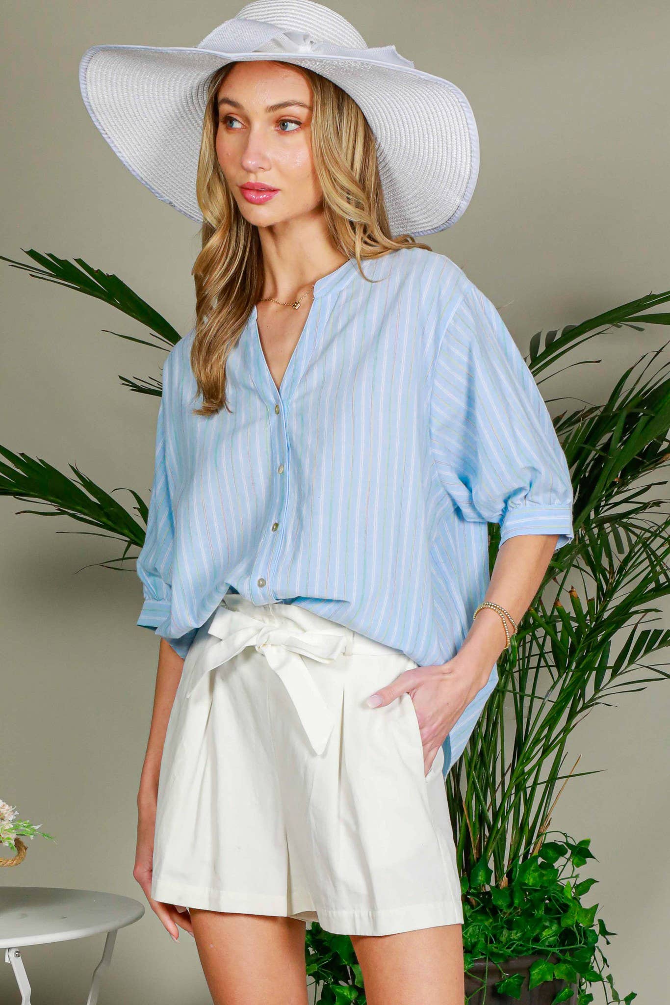 V-Neck Stripe Cotton Blouse in Blue