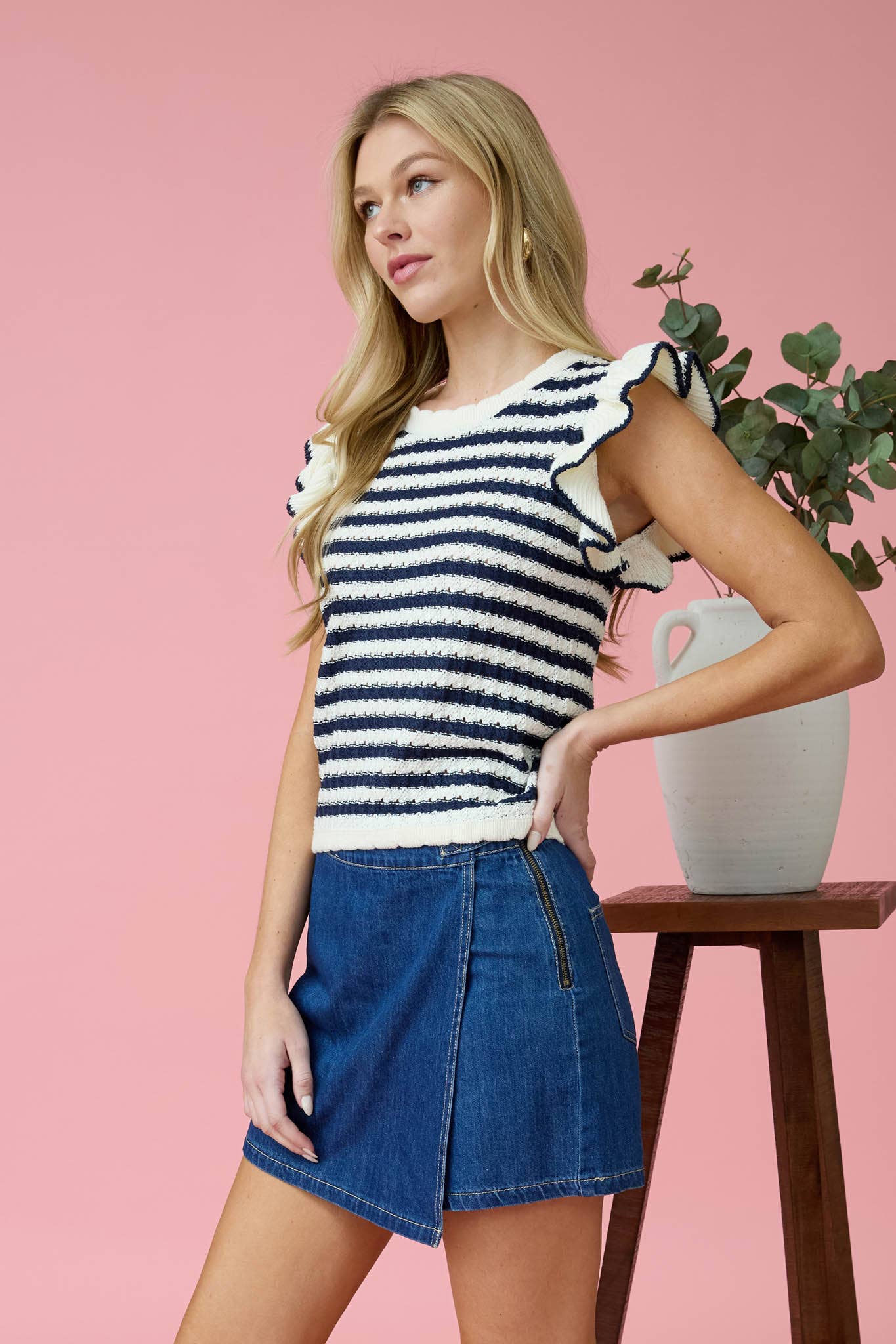 Ruffle Short Sleeve Stripe Knit Top