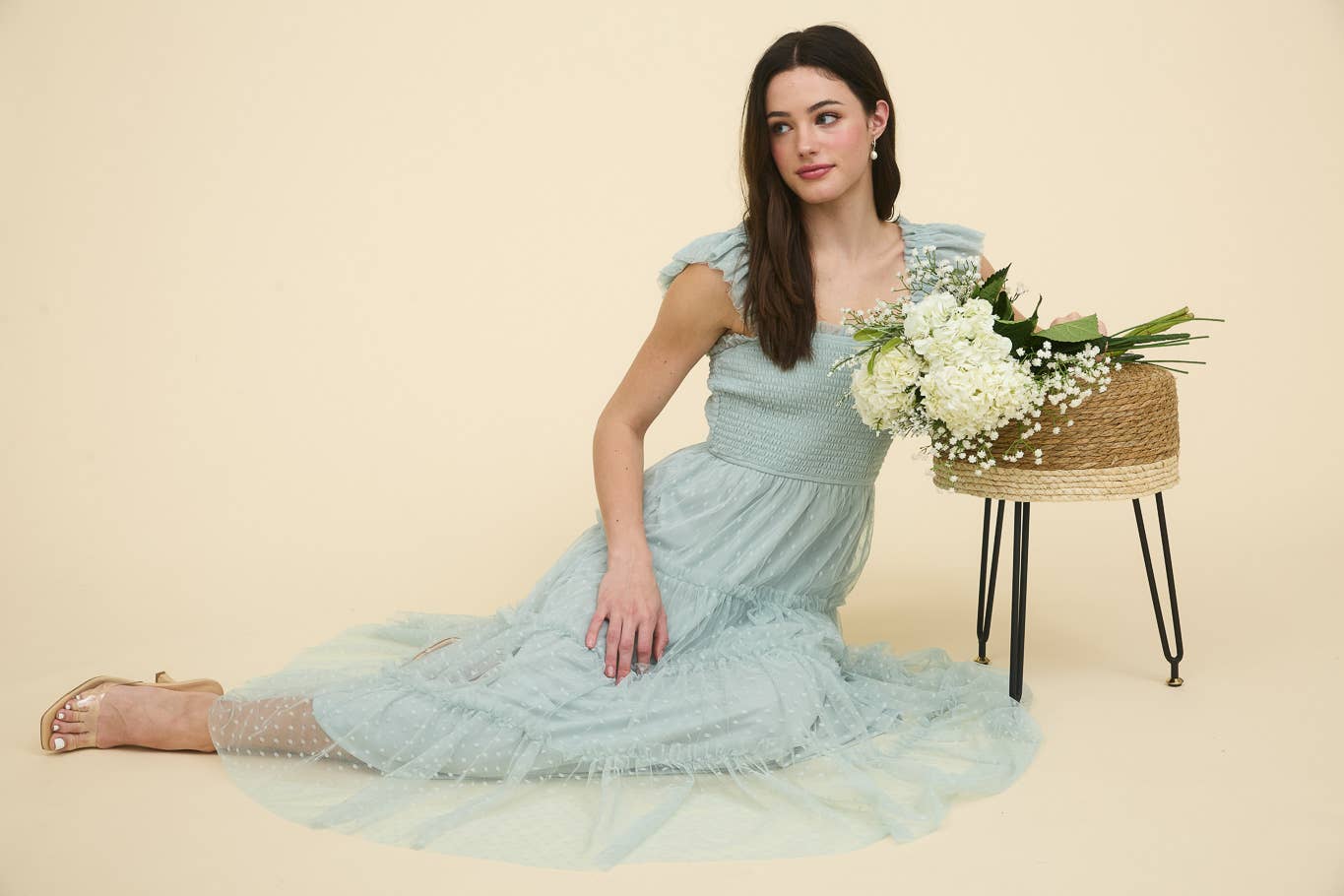 Polka Dot Chiffon Smocked Tiered Midi Dress in Sage