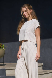 Coastal Vibes Pinstripe Back Button Crop