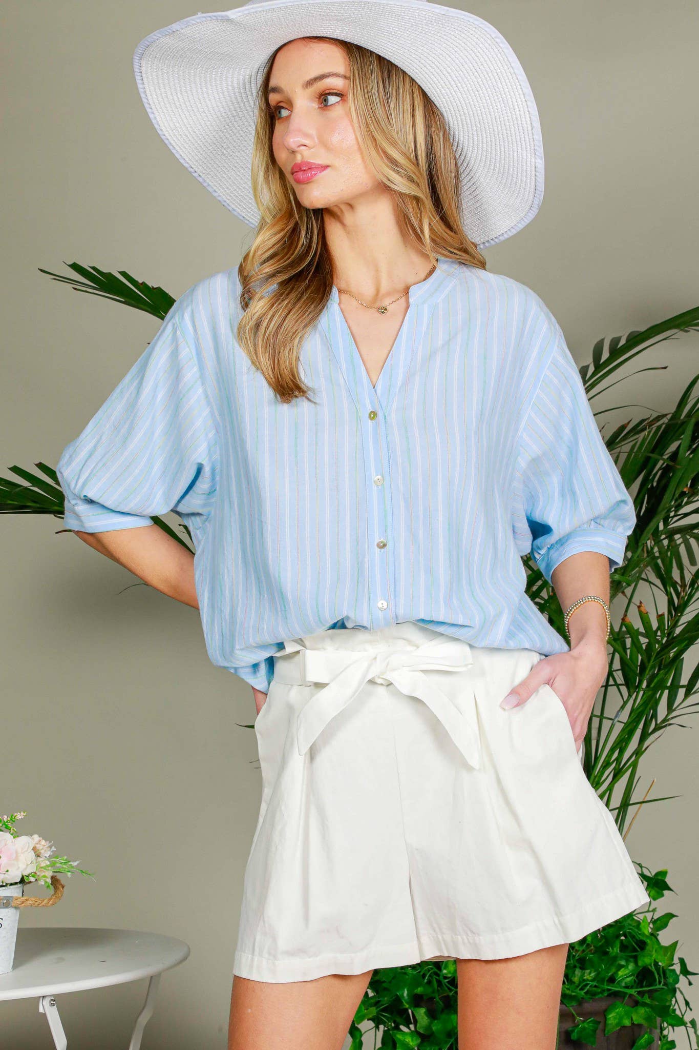 V-Neck Stripe Cotton Blouse in Blue