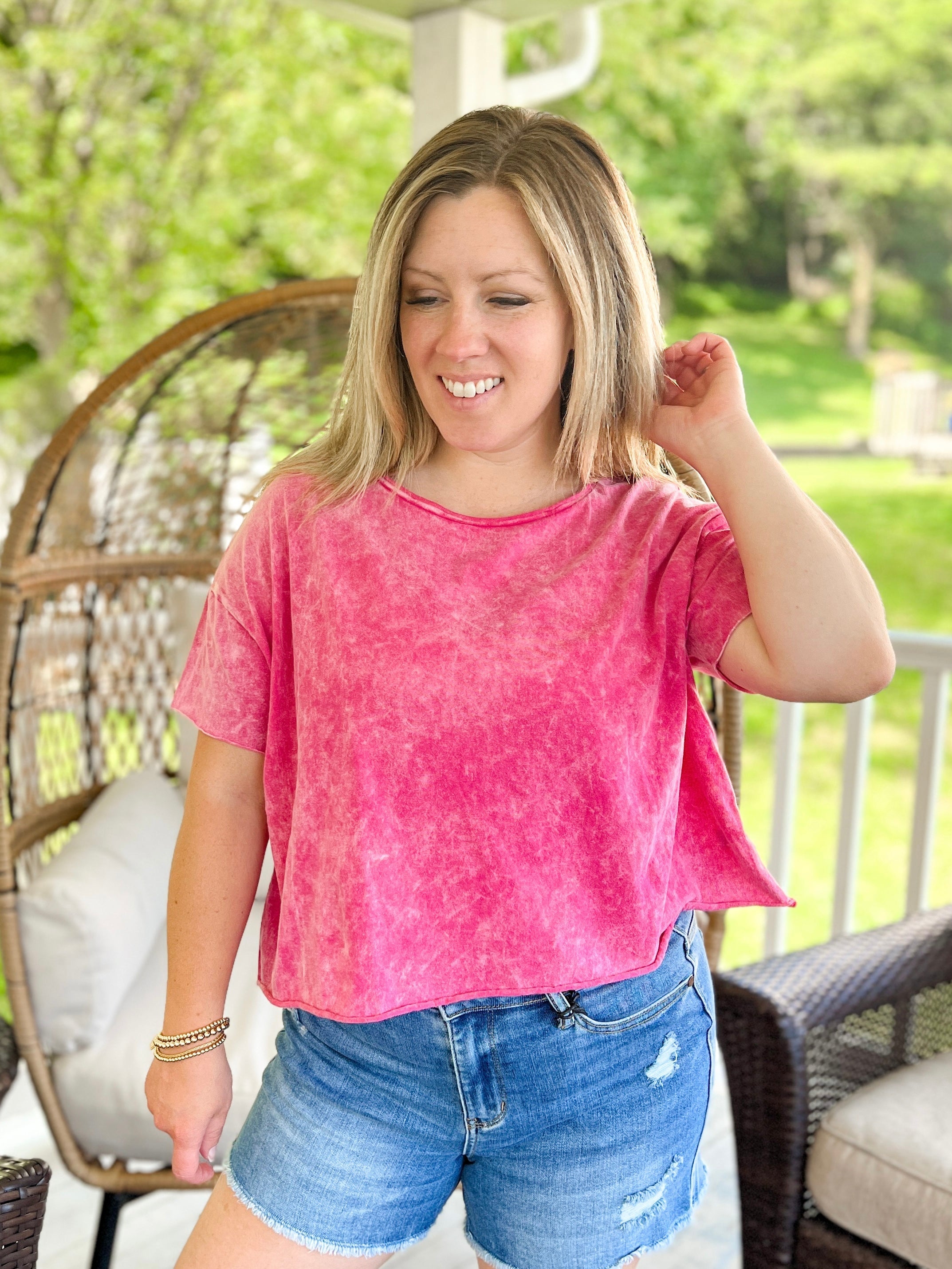 Acid Wash Drop Shoulder Crop Top in Hot Pink