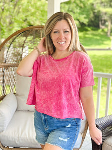 Acid Wash Drop Shoulder Crop Top in Hot Pink