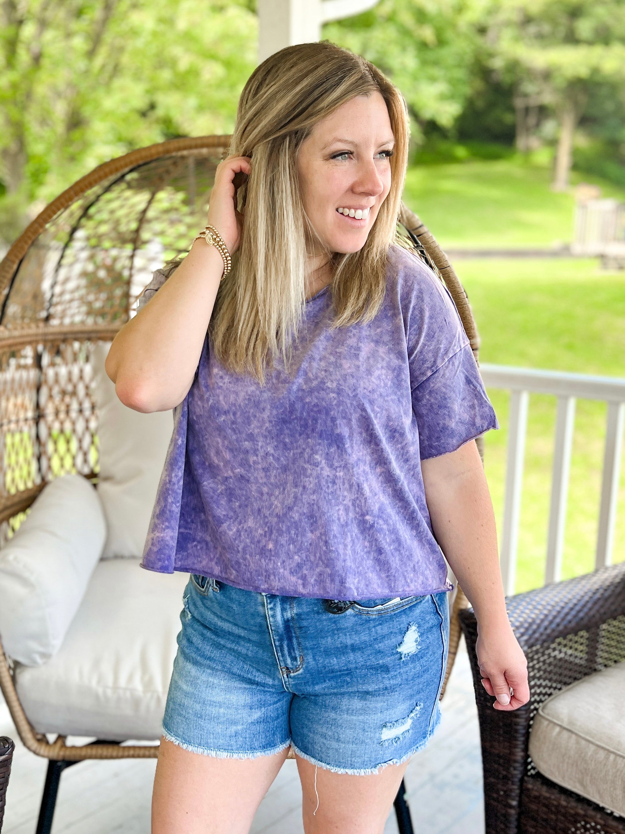 Acid Wash Drop Shoulder Crop Top in Lt Navy