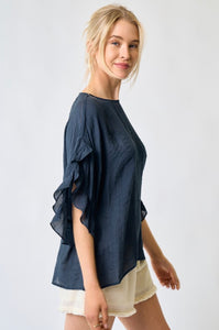 Navy Ruffle Sleeve Blouse