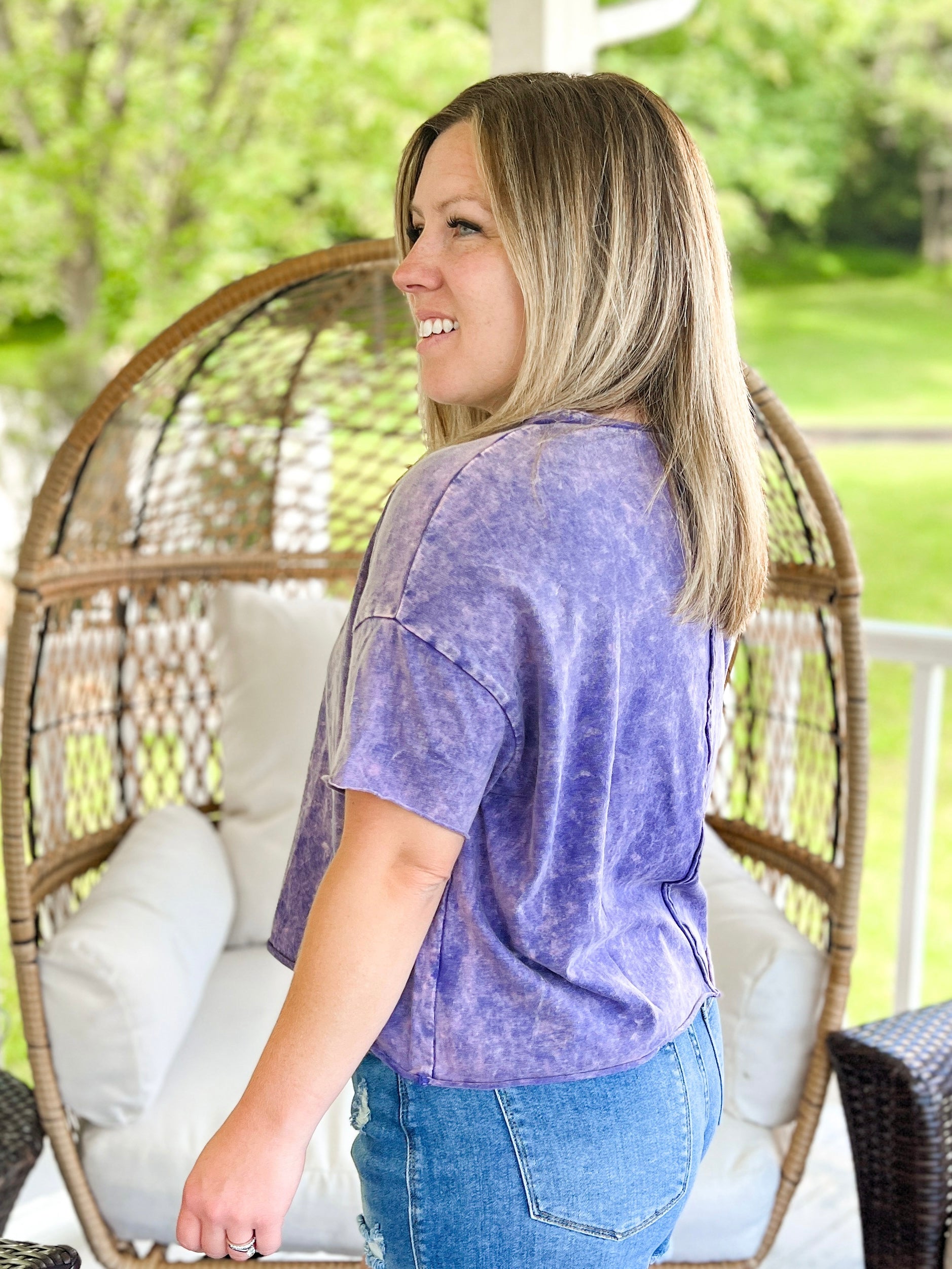 Acid Wash Drop Shoulder Crop Top in Lt Navy