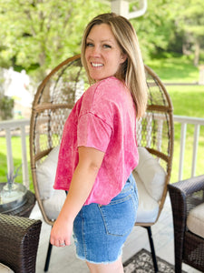 Acid Wash Drop Shoulder Crop Top in Hot Pink
