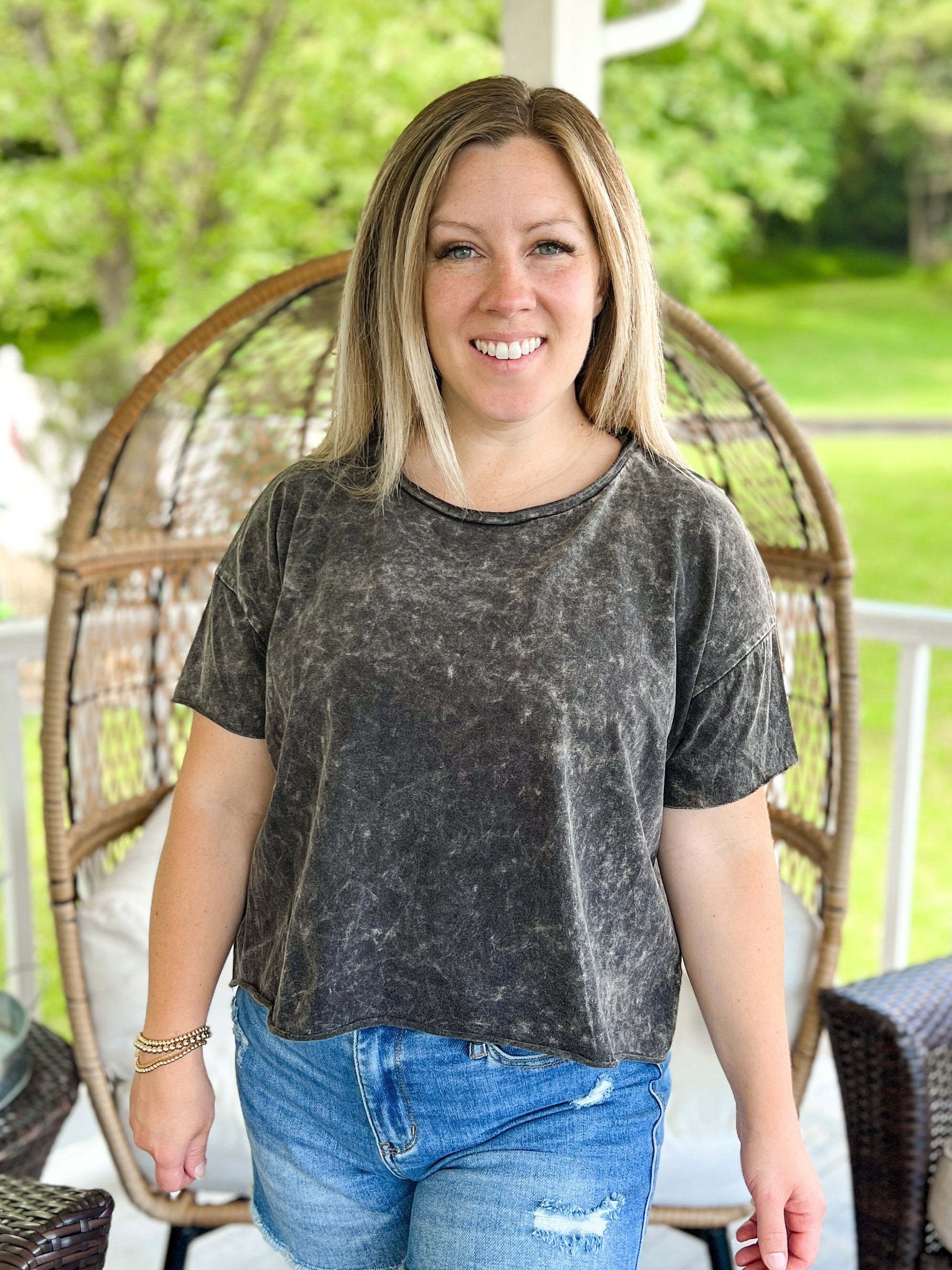 Acid Wash Drop Shoulder Crop Top in Ash Black