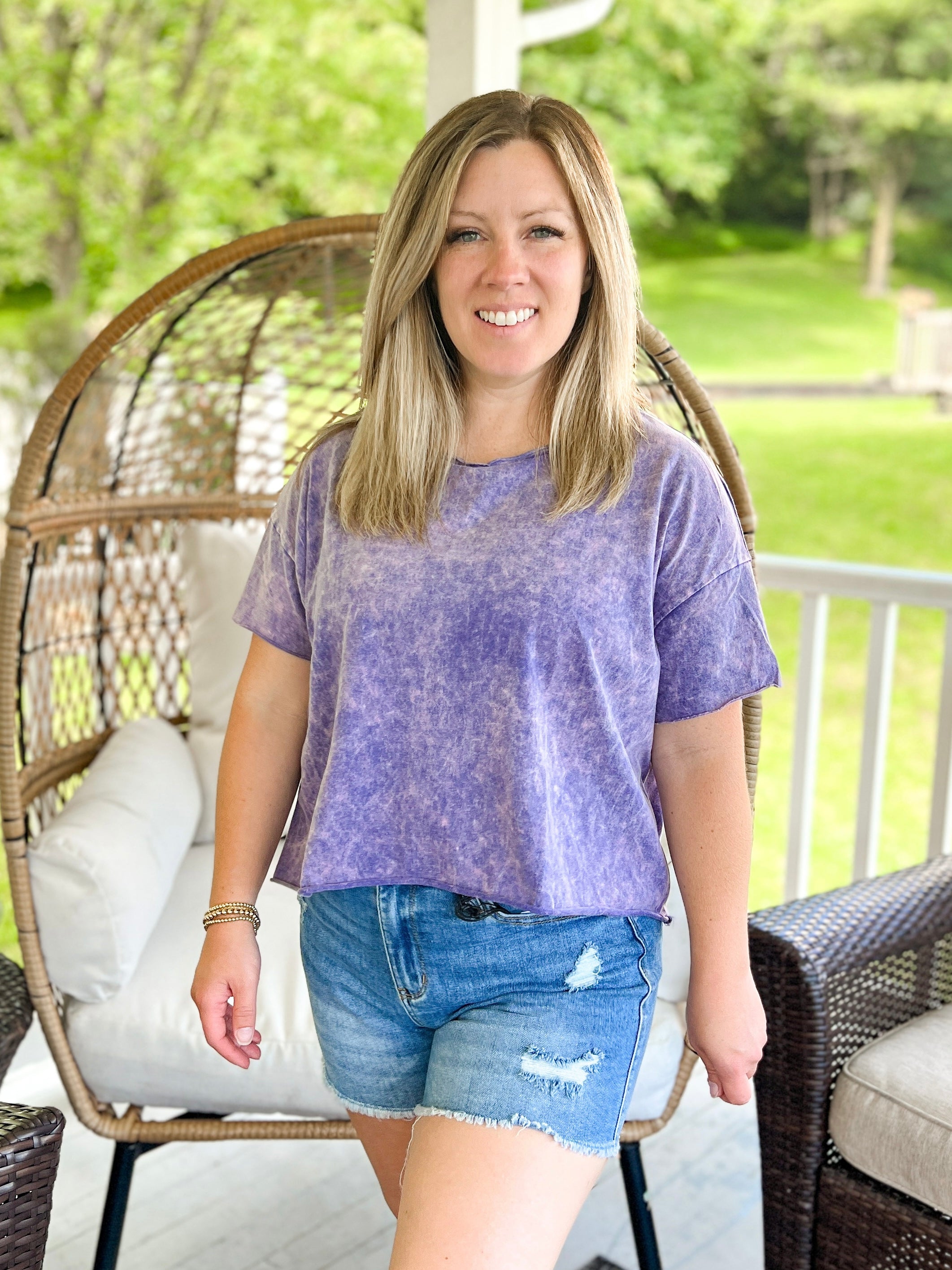Acid Wash Drop Shoulder Crop Top in Lt Navy