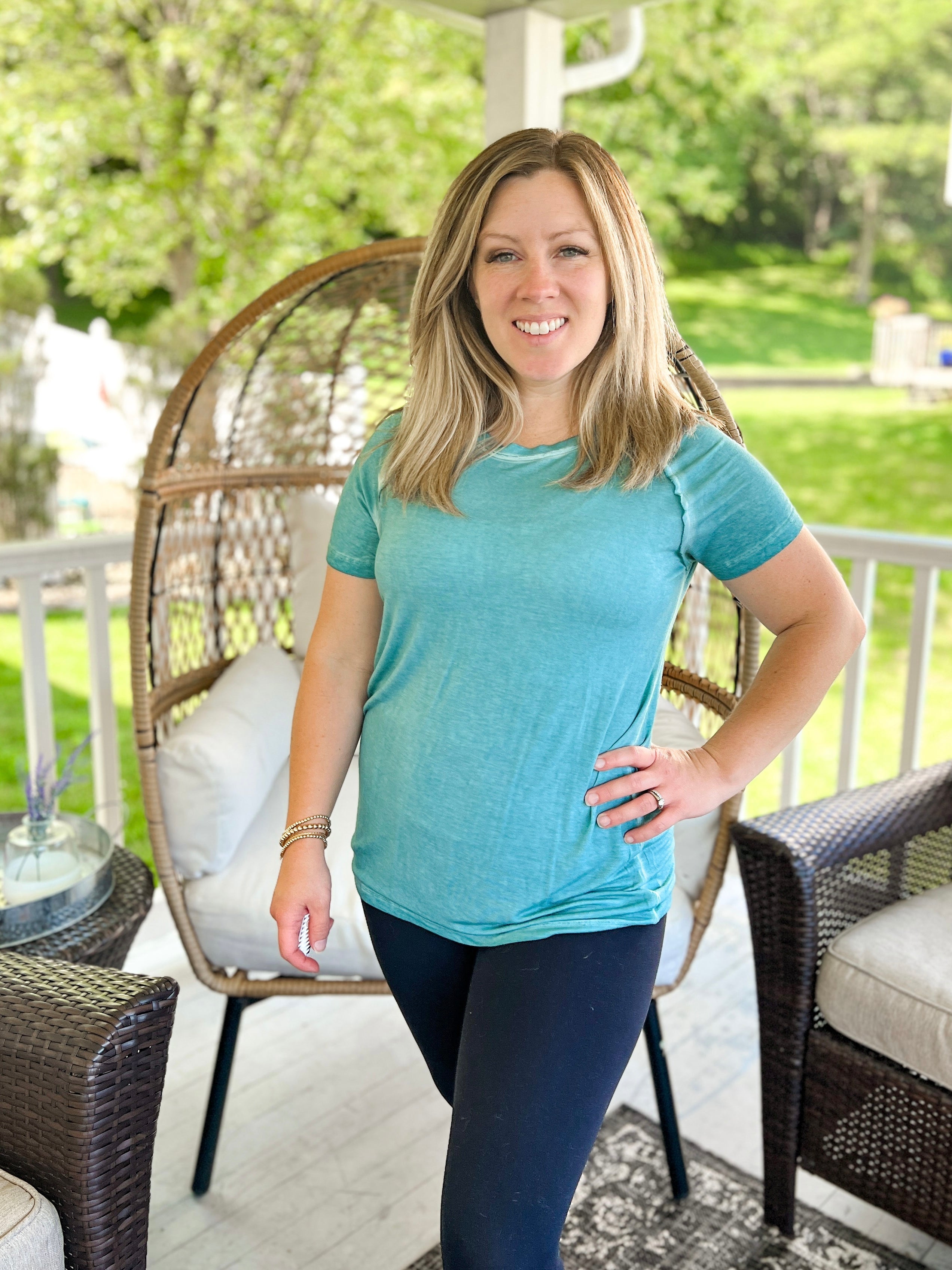 Mineral Washed Exposed Hem Tee in Dusty Teal