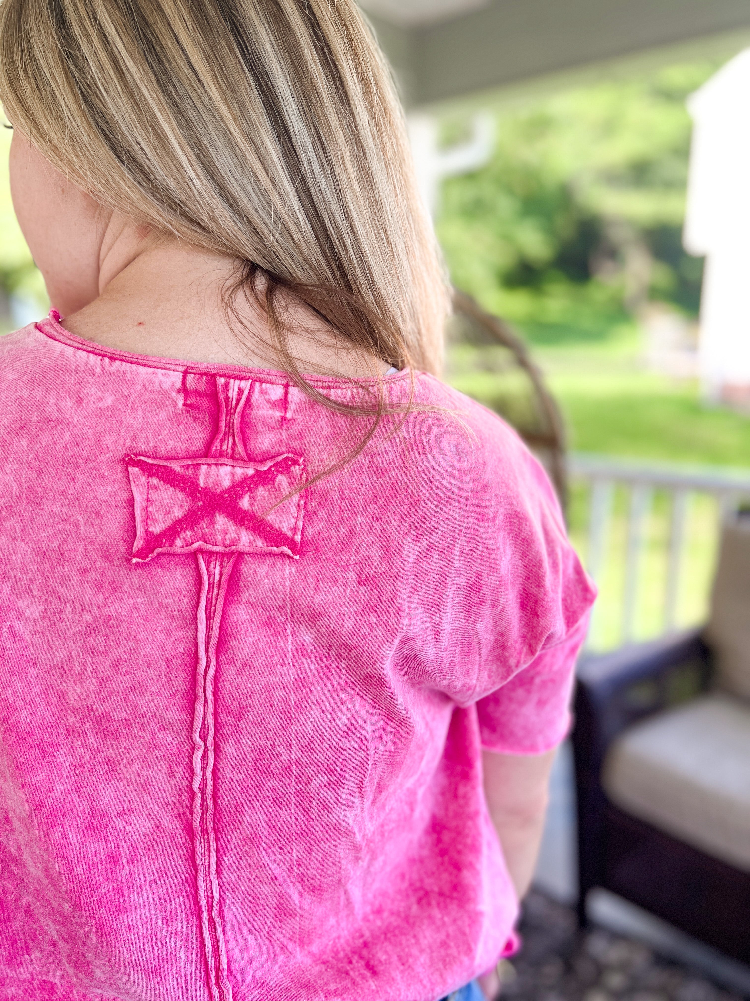 Acid Wash Drop Shoulder Crop Top in Hot Pink