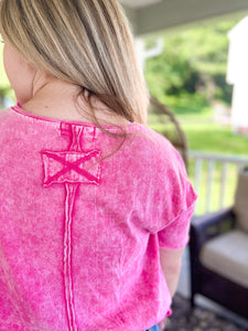 Acid Wash Drop Shoulder Crop Top in Hot Pink