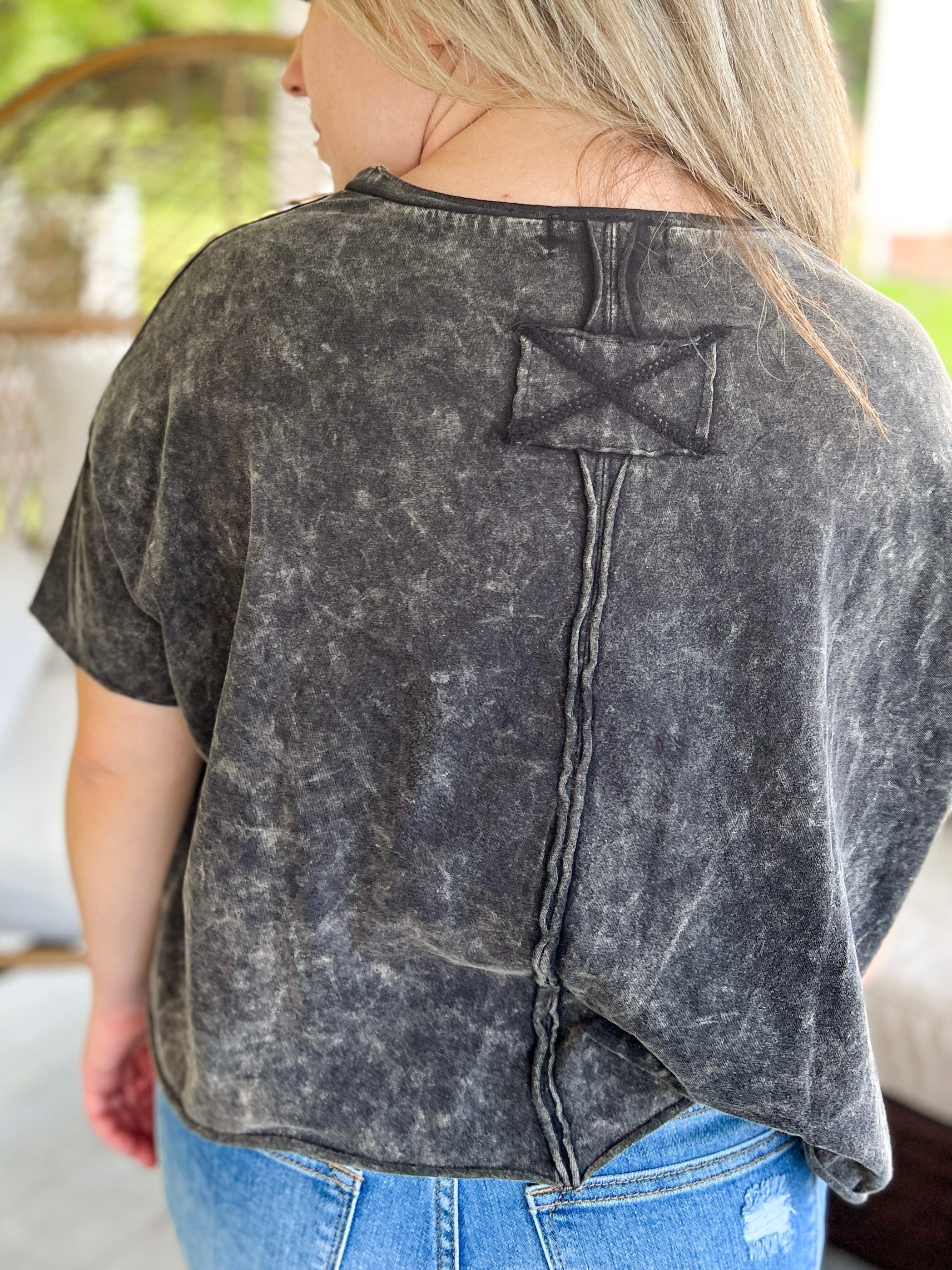 Acid Wash Drop Shoulder Crop Top in Ash Black