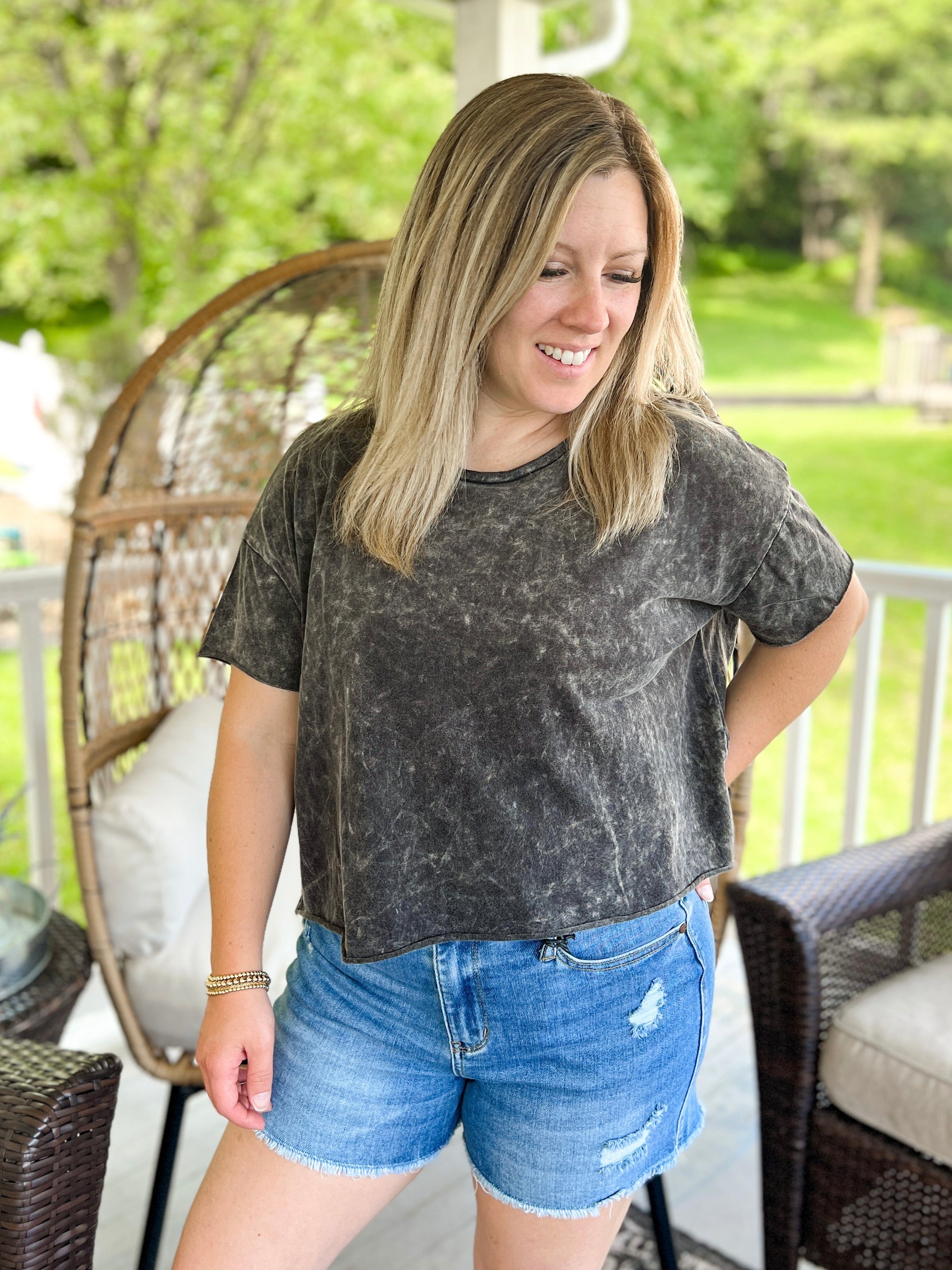 Acid Wash Drop Shoulder Crop Top in Lt Navy