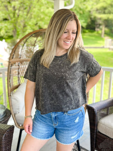 Acid Wash Drop Shoulder Crop Top in Lt Navy