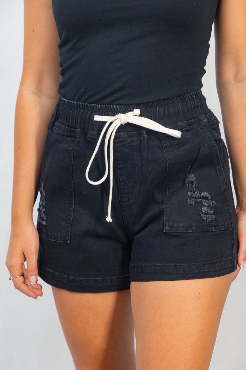 Brantly Distressed Drawstring Black Shorts