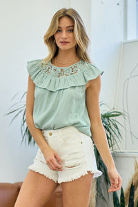 Misty Sage Crochet Ruffle Top