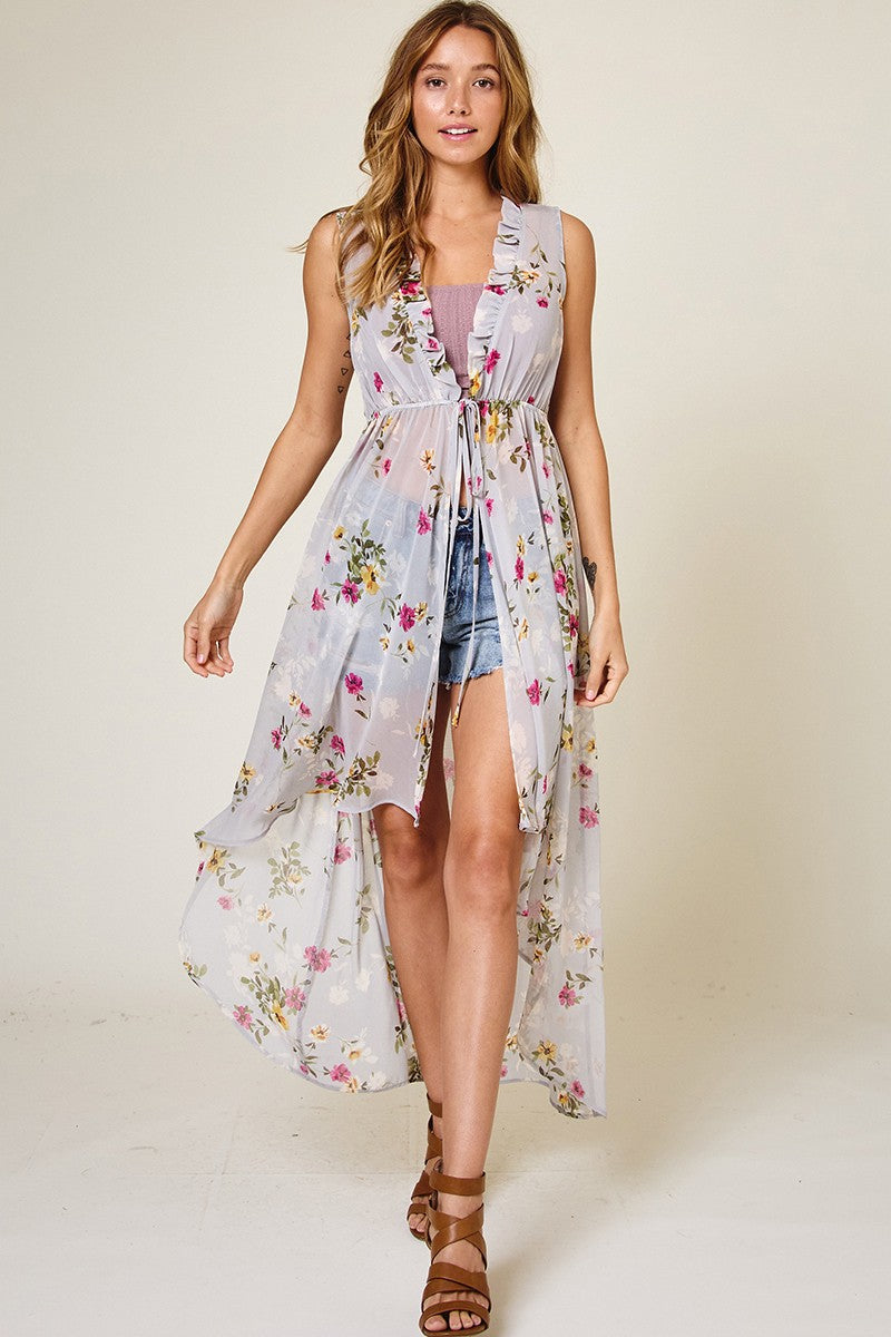 Grey Sleeveless Long Floral Kimono Cover Up