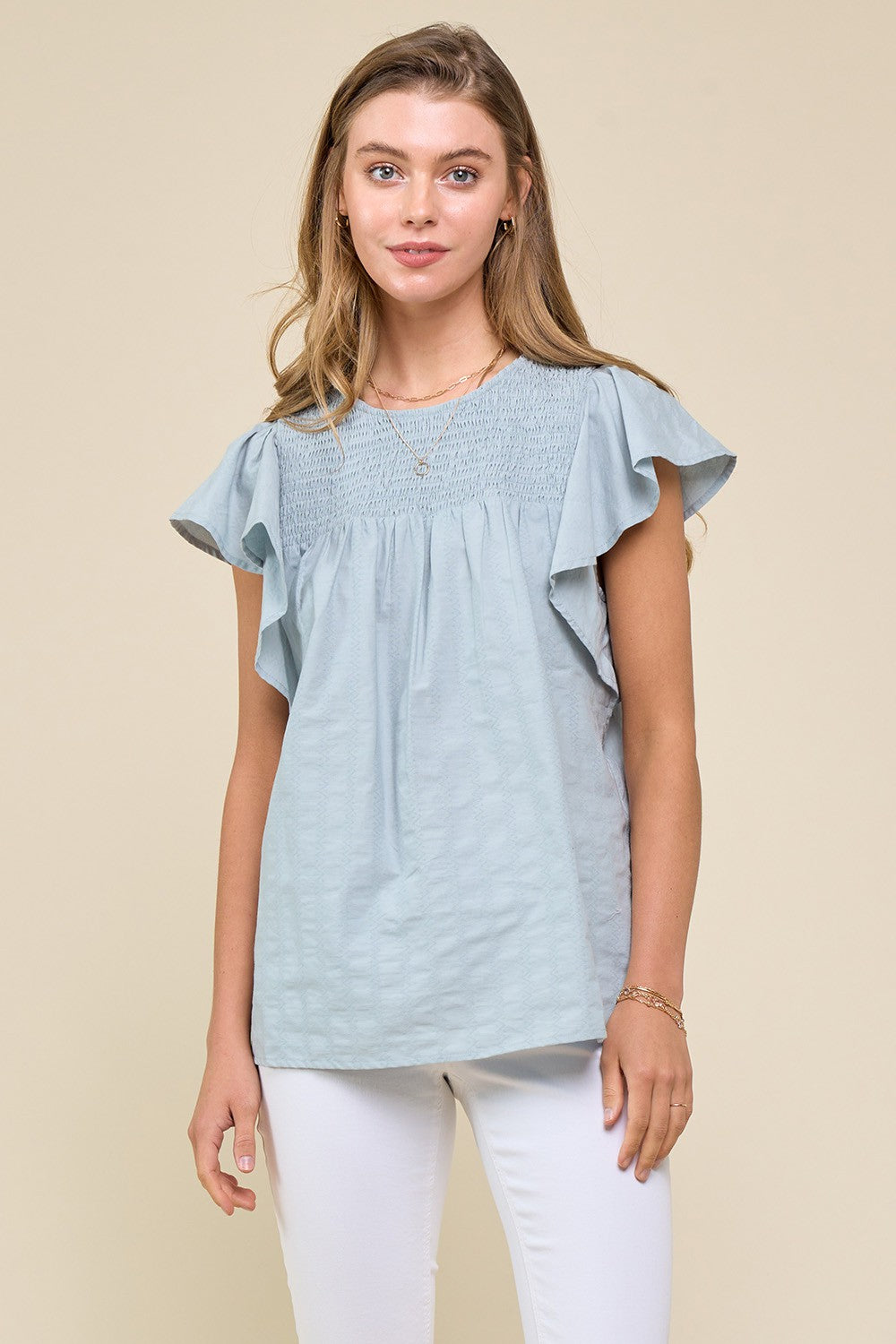Seafoam Smocked Flutter Sleeve Blouse